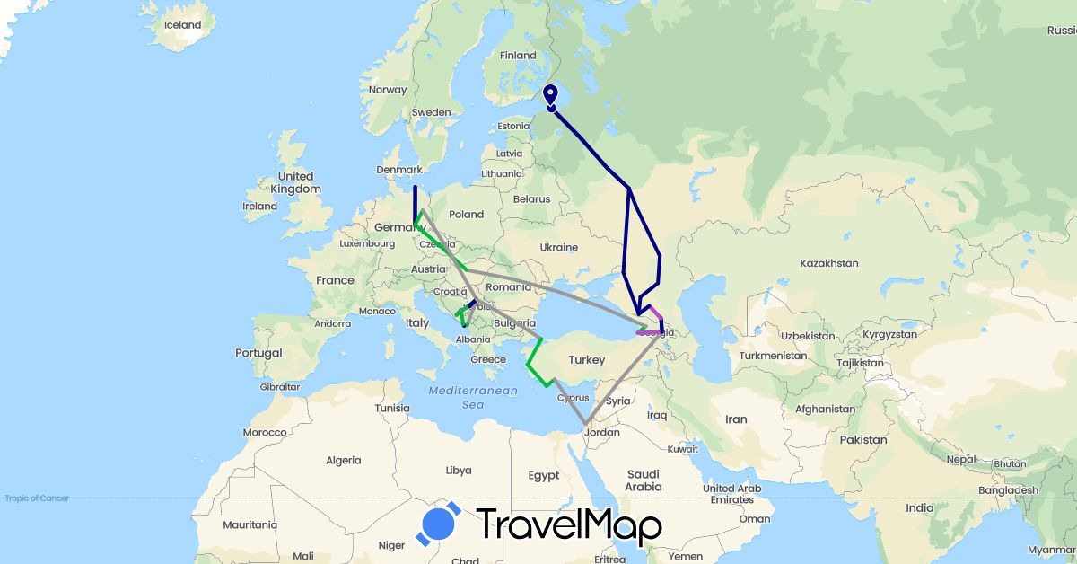 TravelMap itinerary: driving, bus, plane, train in Bosnia and Herzegovina, Germany, Georgia, Hungary, Israel, Montenegro, Serbia, Russia, Turkey (Asia, Europe)