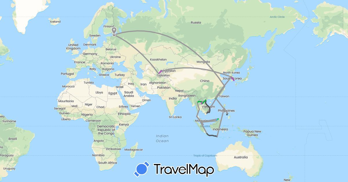 TravelMap itinerary: driving, bus, plane, train, boat, motorbike in Brunei, China, Indonesia, South Korea, Laos, Malaysia, Philippines, Russia, Singapore, Thailand, Uzbekistan, Vietnam (Asia, Europe)